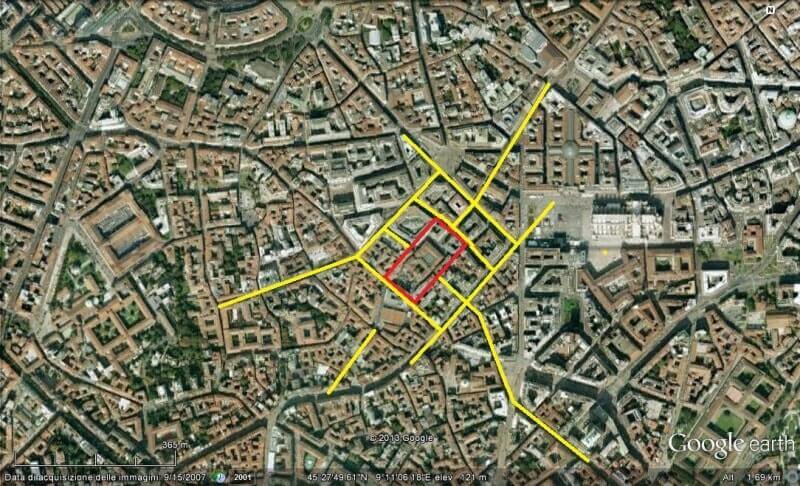 Area-del-foro-romano-in-rosso-oggi-piazza-Santo-Sepolcro-e-in-giallo-le-strade-visibili-ancora-oggi