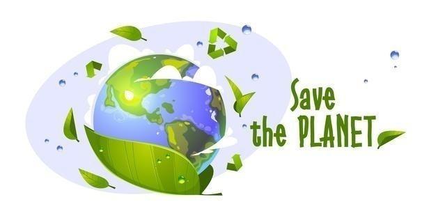 save planet cartoon with earth globe green leaves water drops recycling symbol 107791 4487